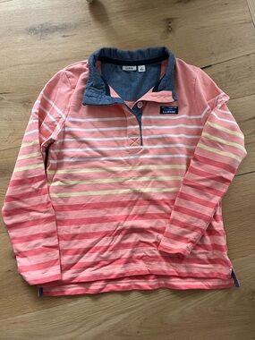 L.L.Bean Coral & Navy Striped Rugby Polo